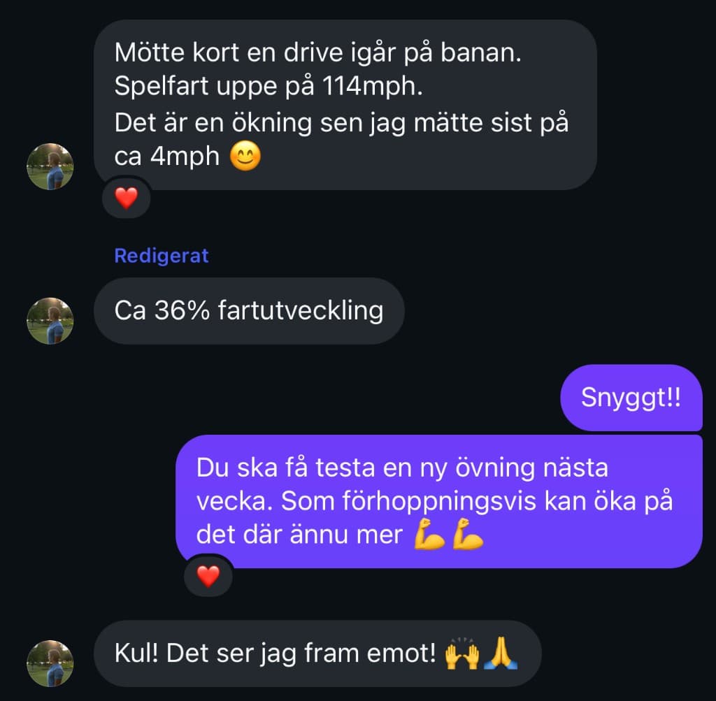 Chatt där en golfare berättar om 114 mph swinghastighet och 4 mph ökning, och coach lovar ny övning nästa vecka